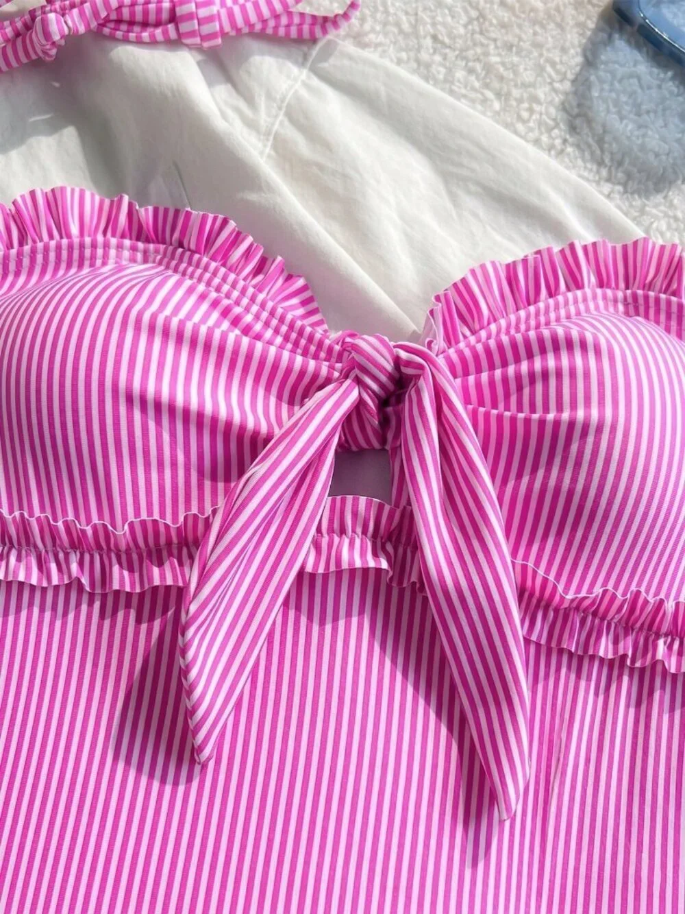Pink Casual Women's Sexy Striped Lace Ruffle Bust Bow One-Piece Swimsuit